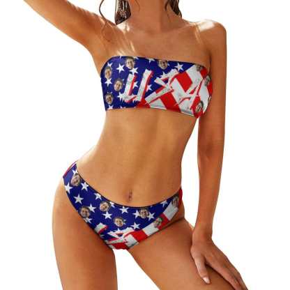 Custom Custom Face American Flag Strapless Bandeau Top Cheeky Bikini Bathing Suit Personalized Women's Two Piece Swimsuit Beach Outfits - YesCustom
