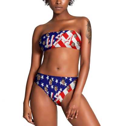 Custom Custom Face American Flag Strapless Bandeau Top Cheeky Bikini Bathing Suit Personalized Women's Two Piece Swimsuit Beach Outfits - YesCustom