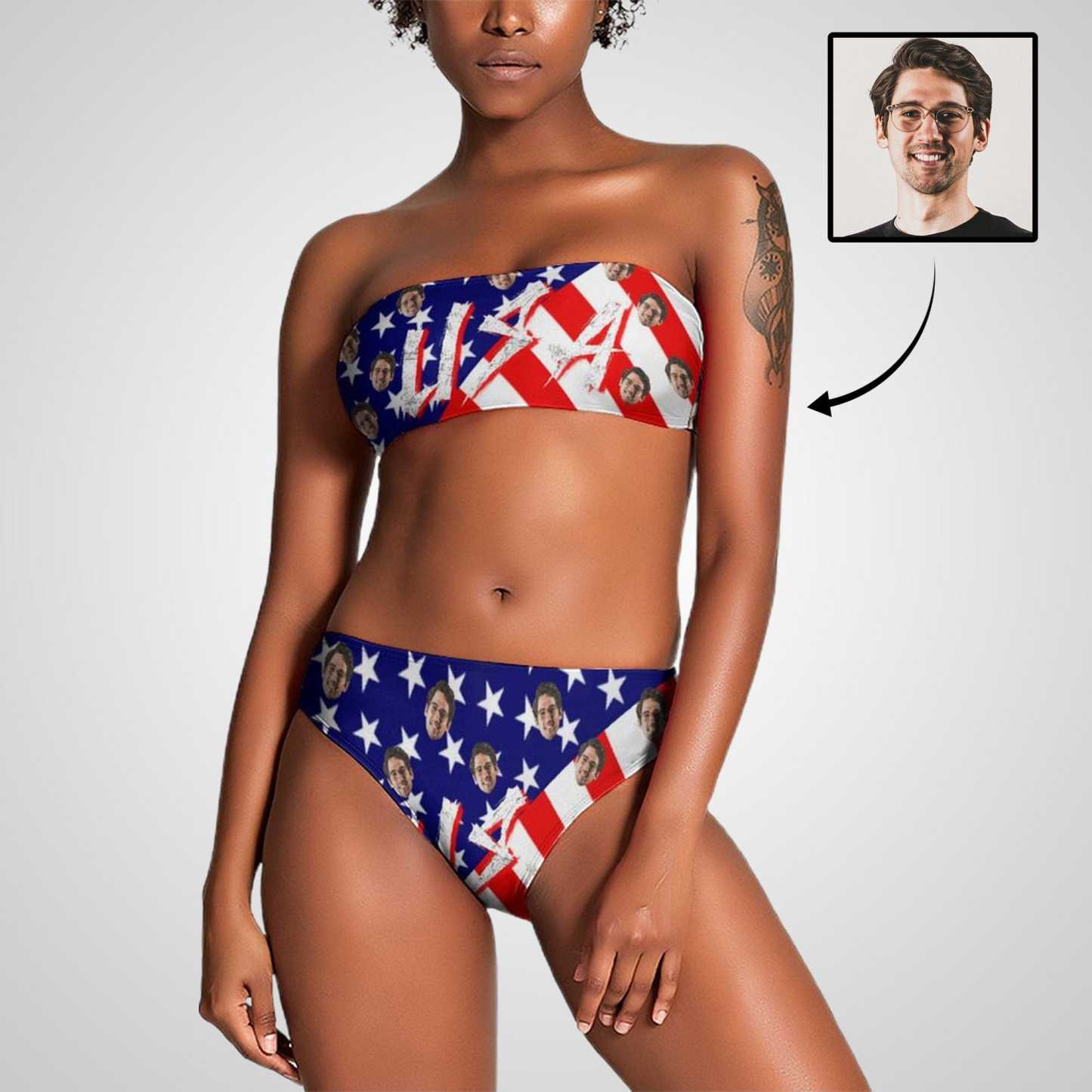 Custom Custom Face American Flag Strapless Bandeau Top Cheeky Bikini Bathing Suit Personalized Women's Two Piece Swimsuit Beach Outfits - YesCustom