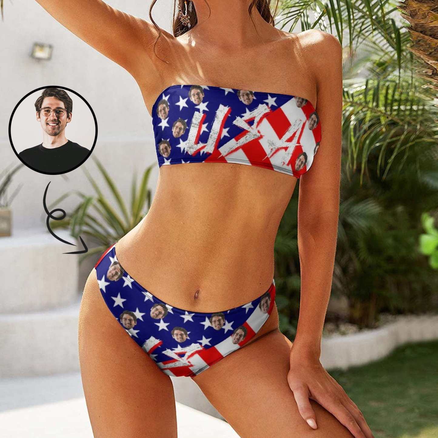 Custom Custom Face American Flag Strapless Bandeau Top Cheeky Bikini Bathing Suit Personalized Women's Two Piece Swimsuit Beach Outfits - YesCustom