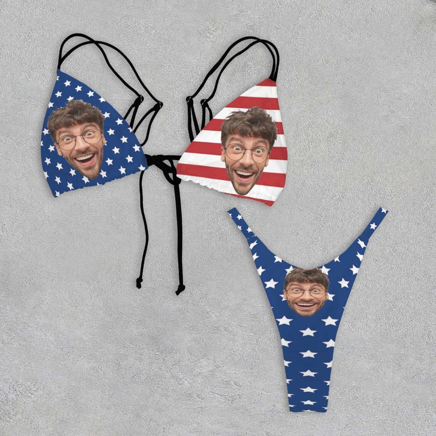 Custom Custom Face American Flag String Bikini Set Double Shoulder Straps Triangle Bikini Two Piece Swimsuit - YesCustom