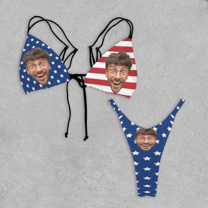 Custom Custom Face American Flag String Bikini Set Double Shoulder Straps Triangle Bikini Two Piece Swimsuit - YesCustom