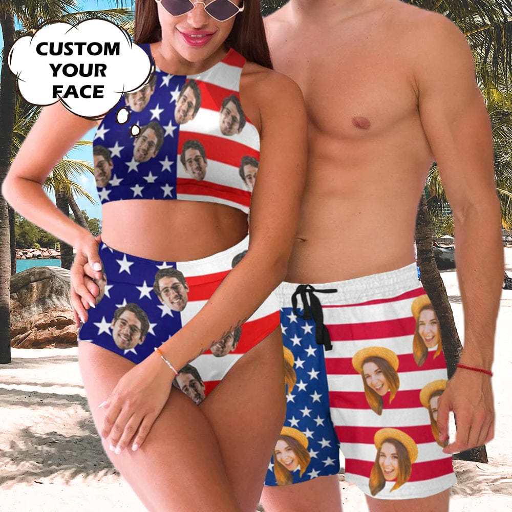 Custom Custom Face American Flag Style A Couple Matching Swimsuit Crew Neck High Waisted Bikini & Swim Shorts Personalized Bathing Suits Beach Outfits - YesCustom