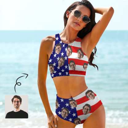 Custom Custom Face American Flag Style A Couple Matching Swimsuit Crew Neck High Waisted Bikini & Swim Shorts Personalized Bathing Suits Beach Outfits - YesCustom
