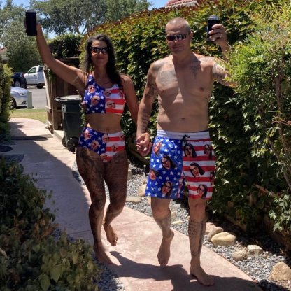 Custom Custom Face American Flag Style A Couple Matching Swimsuit Crew Neck High Waisted Bikini & Swim Shorts Personalized Bathing Suits Beach Outfits - YesCustom