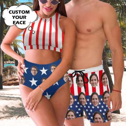 Custom Custom Face American Flag Style Couple Matching Swimsuit High Crew Neck High Waisted Bikini & Swim Shorts Personalized Women's Two Piece Swimsuit Beach Outfits - YesCustom