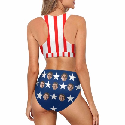 Custom Custom Face American Flag Style Couple Matching Swimsuit High Crew Neck High Waisted Bikini & Swim Shorts Personalized Women's Two Piece Swimsuit Beach Outfits - YesCustom