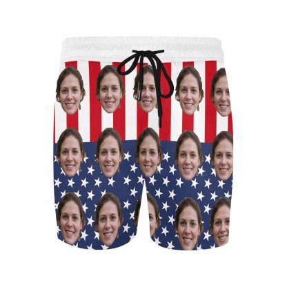 Custom Custom Face American Flag Style Couple Matching Swimsuit High Crew Neck High Waisted Bikini & Swim Shorts Personalized Women's Two Piece Swimsuit Beach Outfits - YesCustom