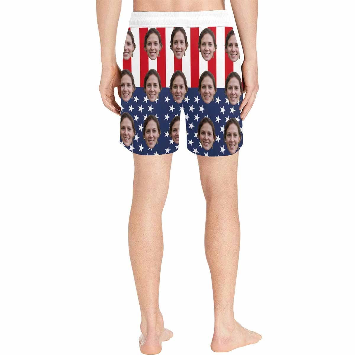 Custom Custom Face American Flag Style Couple Matching Swimsuit High Crew Neck High Waisted Bikini & Swim Shorts Personalized Women's Two Piece Swimsuit Beach Outfits - YesCustom