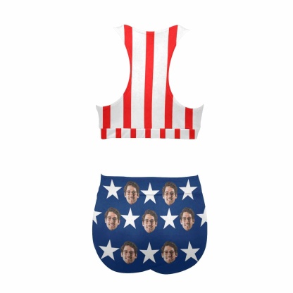Custom Custom Face American Flag Style Couple Matching Swimsuit High Crew Neck High Waisted Bikini & Swim Shorts Personalized Women's Two Piece Swimsuit Beach Outfits - YesCustom