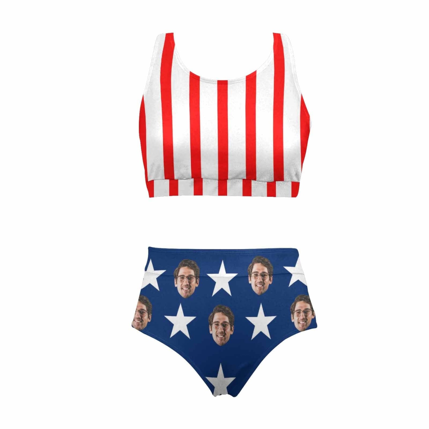 Custom Custom Face American Flag Style Couple Matching Swimsuit High Crew Neck High Waisted Bikini & Swim Shorts Personalized Women's Two Piece Swimsuit Beach Outfits - YesCustom