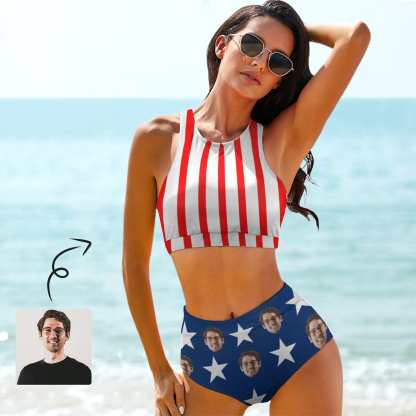 Custom Custom Face American Flag Style Couple Matching Swimsuit High Crew Neck High Waisted Bikini & Swim Shorts Personalized Women's Two Piece Swimsuit Beach Outfits - YesCustom