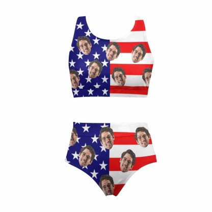 Custom Custom Face American Flag Style A Couple Matching Swimsuit Crew Neck High Waisted Bikini & Swim Shorts Personalized Bathing Suits Beach Outfits - YesCustom