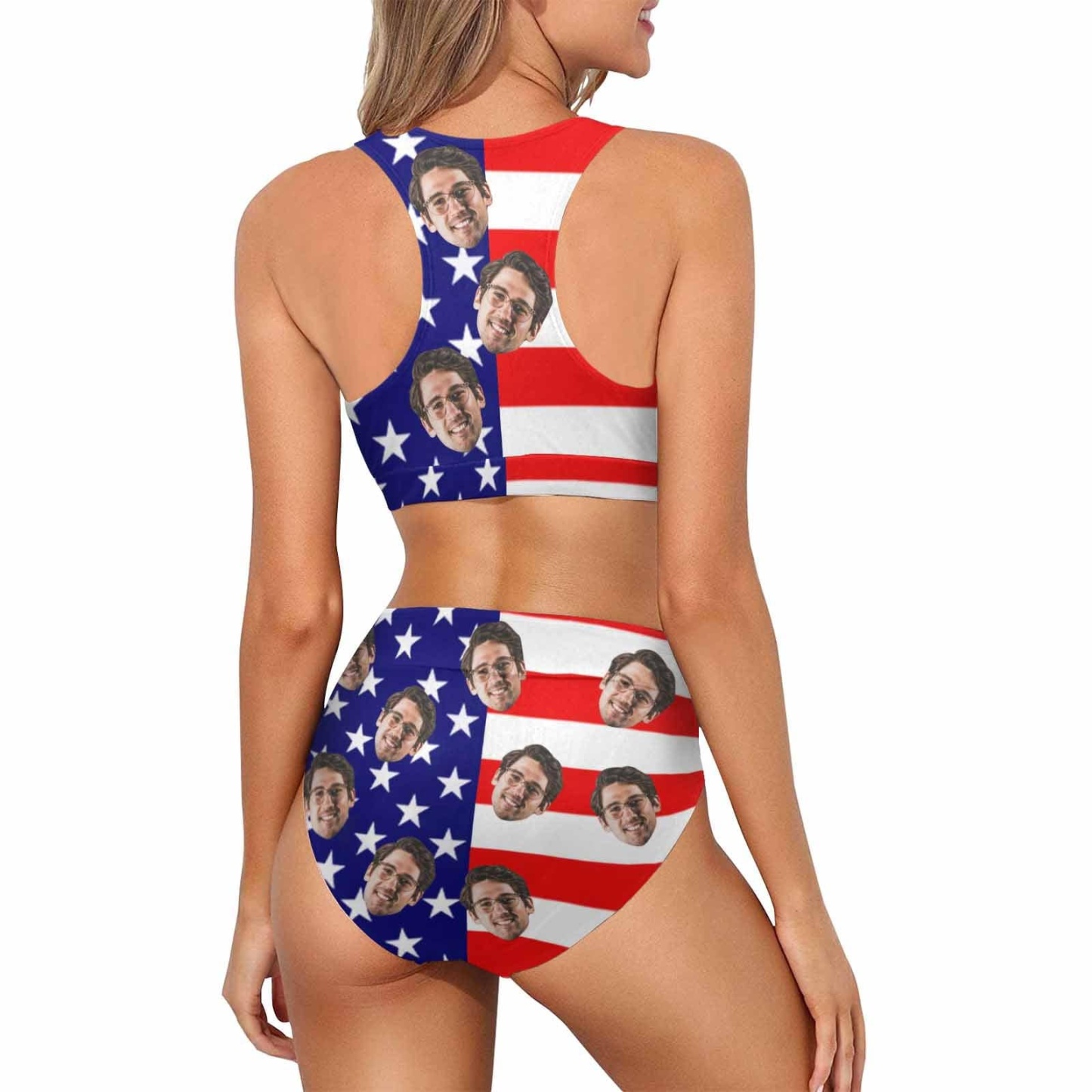 Custom Custom Face American Flag Style A Couple Matching Swimsuit Crew Neck High Waisted Bikini & Swim Shorts Personalized Bathing Suits Beach Outfits - YesCustom