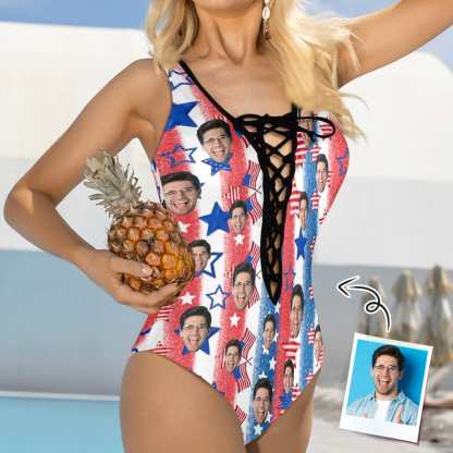 Custom Custom Face American Flag Style Women's Sexy One Pieces Swimsuit Lace Up Deep V Bathing Suit Beachwear - YesCustom