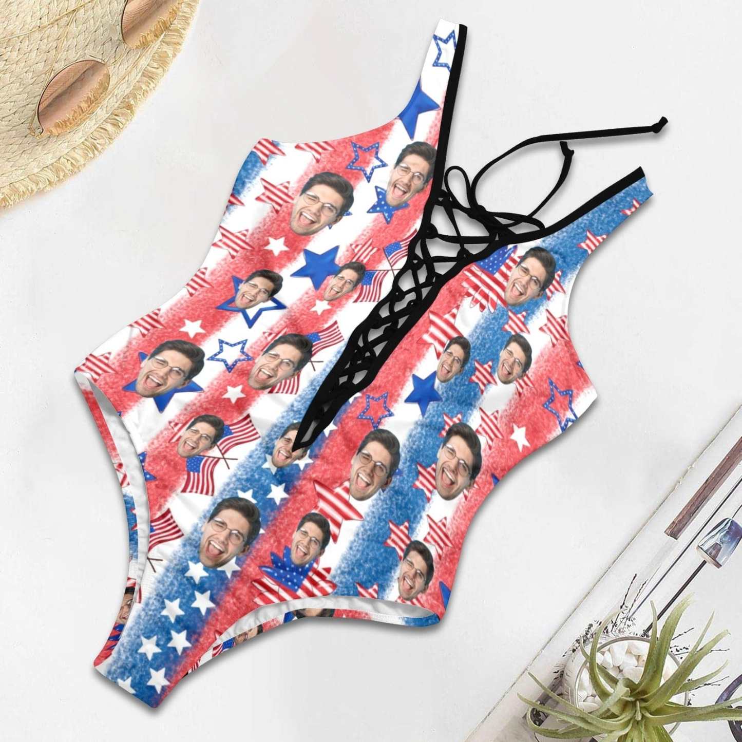 Custom Custom Face American Flag Style Women's Sexy One Pieces Swimsuit Lace Up Deep V Bathing Suit Beachwear - YesCustom