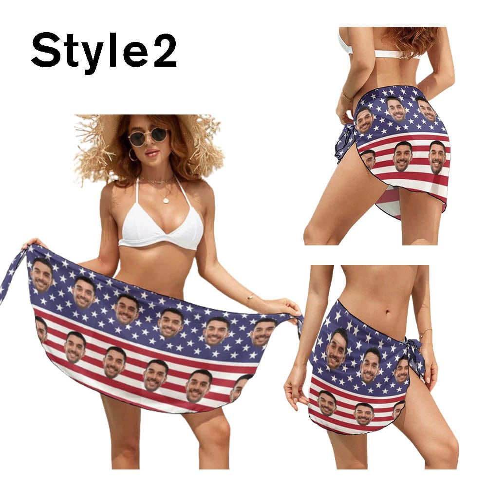 Custom Custom Face American Flag Swim Bikini Cover Up Dress Personalized Women's V-Neck Bikini Beach Tunic Top #Celebrate July Fourth Women's Kimono Chiffon Cover Up - YesCustom