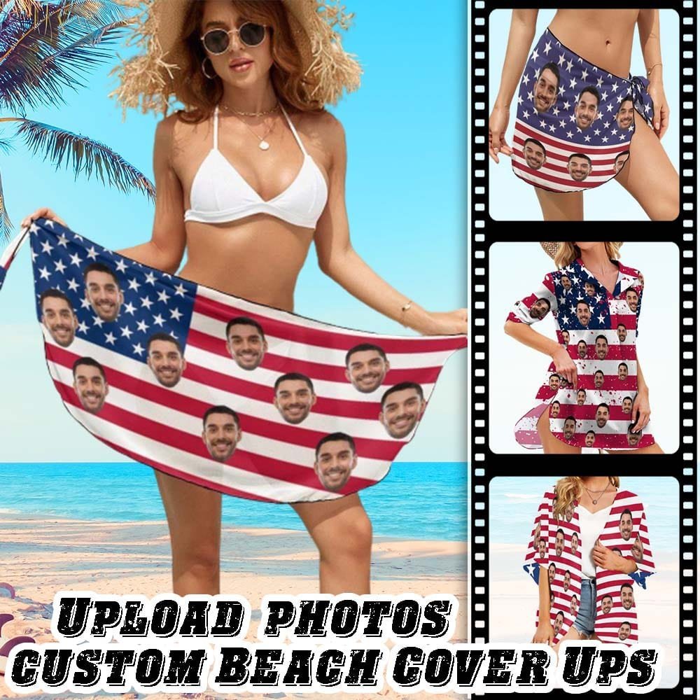 Custom Custom Face American Flag Swim Bikini Cover Up Dress Personalized Women's V-Neck Bikini Beach Tunic Top #Celebrate July Fourth Women's Kimono Chiffon Cover Up - YesCustom