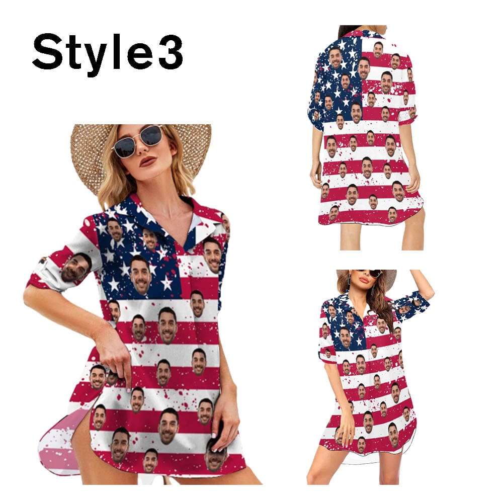 Custom Custom Face American Flag Swim Bikini Cover Up Dress Personalized Women's V-Neck Bikini Beach Tunic Top #Celebrate July Fourth Women's Kimono Chiffon Cover Up - YesCustom