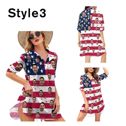 Custom Custom Face American Flag Swim Bikini Cover Up Dress Personalized Women's V-Neck Bikini Beach Tunic Top #Celebrate July Fourth Women's Kimono Chiffon Cover Up - YesCustom