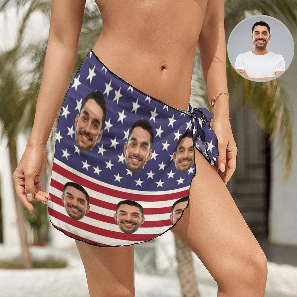 Custom Custom Face American Flag Swim Bikini Cover Up Dress Personalized Women's V-Neck Bikini Beach Tunic Top #Celebrate July Fourth Women's Kimono Chiffon Cover Up - YesCustom