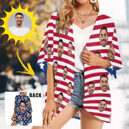 Custom Custom Face American Flag Swim Bikini Cover Up Dress Personalized Women's V-Neck Bikini Beach Tunic Top #Celebrate July Fourth Women's Kimono Chiffon Cover Up - YesCustom