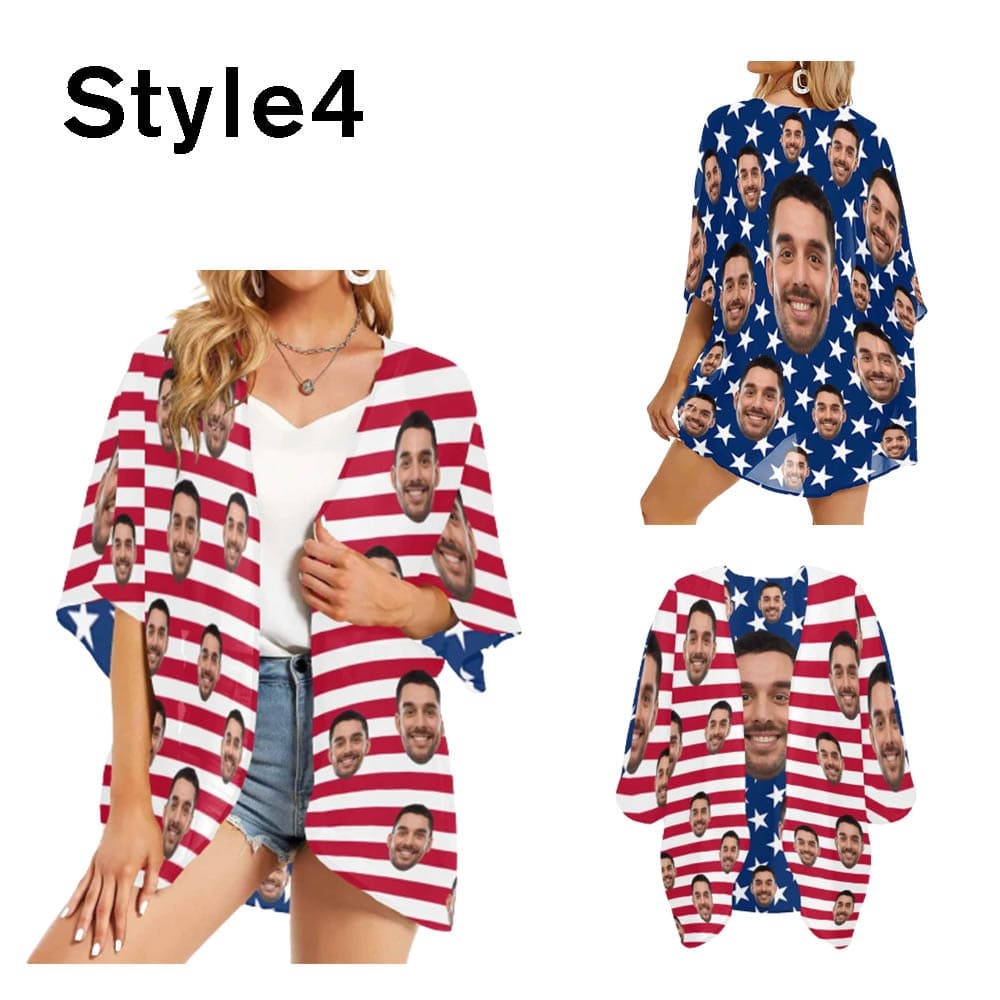 Custom Custom Face American Flag Swim Bikini Cover Up Dress Personalized Women's V-Neck Bikini Beach Tunic Top #Celebrate July Fourth Women's Kimono Chiffon Cover Up - YesCustom