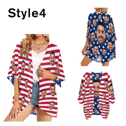 Custom Custom Face American Flag Swim Bikini Cover Up Dress Personalized Women's V-Neck Bikini Beach Tunic Top #Celebrate July Fourth Women's Kimono Chiffon Cover Up - YesCustom