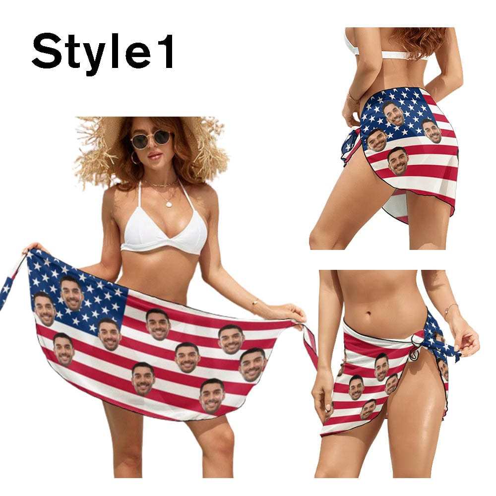 Custom Custom Face American Flag Swim Bikini Cover Up Dress Personalized Women's V-Neck Bikini Beach Tunic Top #Celebrate July Fourth Women's Kimono Chiffon Cover Up - YesCustom