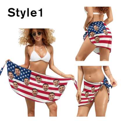 Custom Custom Face American Flag Swim Bikini Cover Up Dress Personalized Women's V-Neck Bikini Beach Tunic Top #Celebrate July Fourth Women's Kimono Chiffon Cover Up - YesCustom