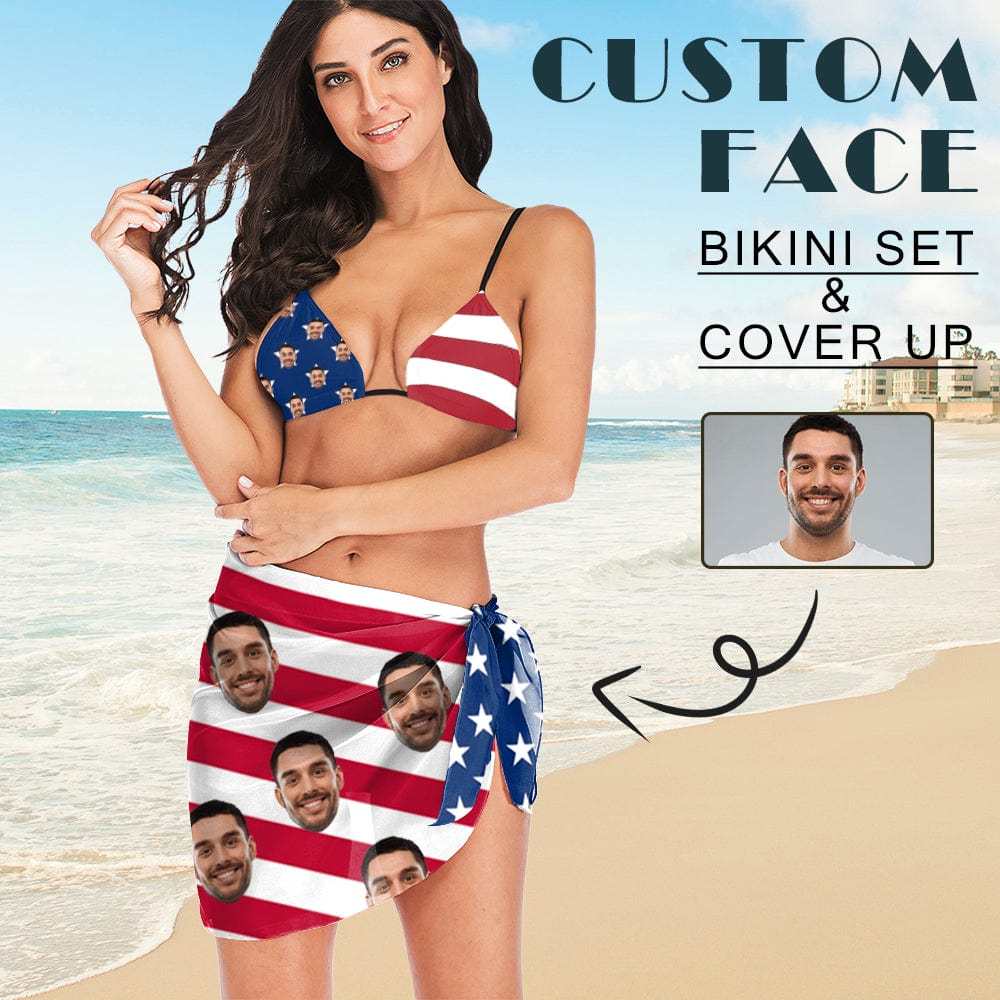 Custom Custom Face American Flag Swim Bikini & Coverup Personalized Bathing Suit And Short Sarongs Beach Wrap For Women - YesCustom