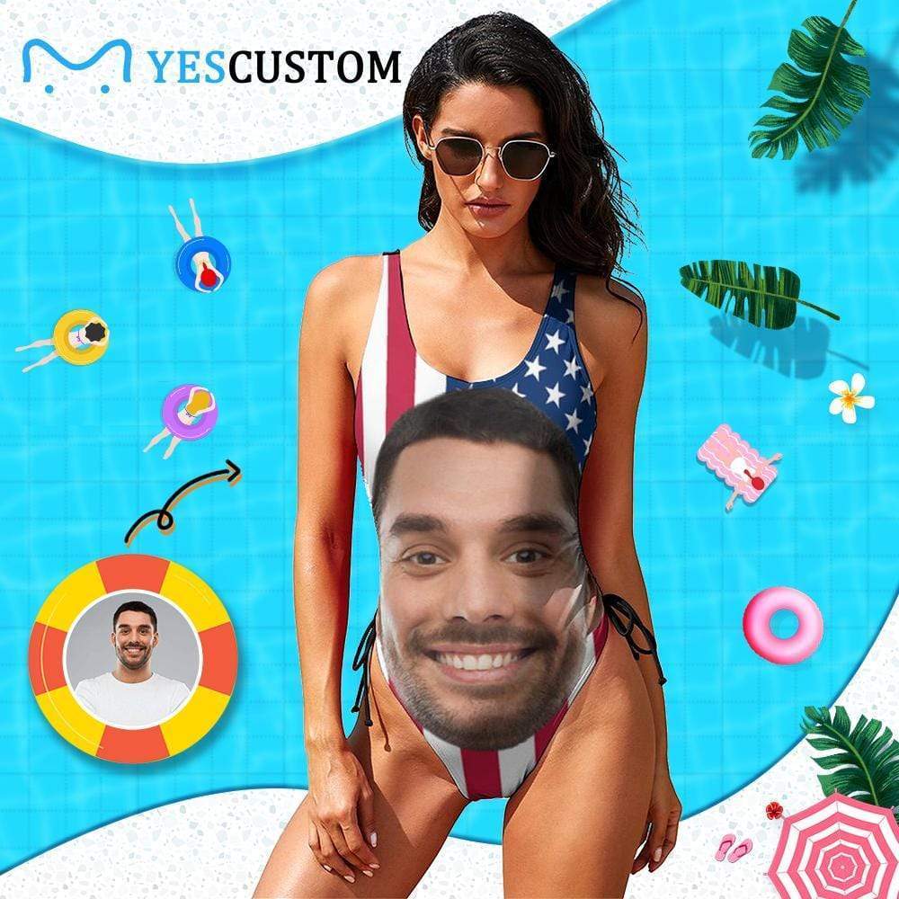 Custom Custom Face American Flag White Star Personalized Men's Beach Shorts&Women's Bathing Suit Honeymoons Swimsuits - YesCustom