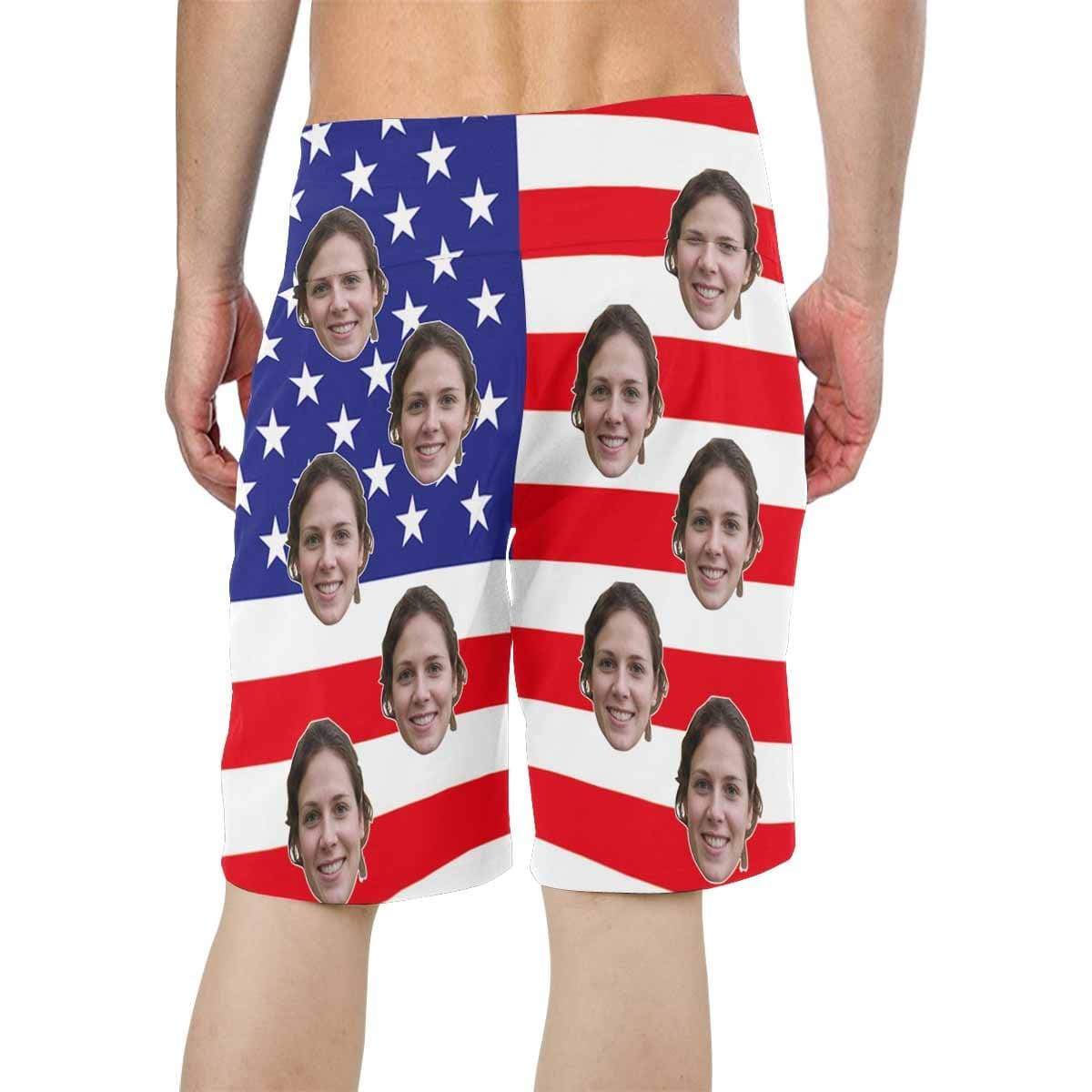 Custom Custom Face American Flag White Star Personalized Men's Beach Shorts&Women's Bathing Suit Honeymoons Swimsuits - YesCustom