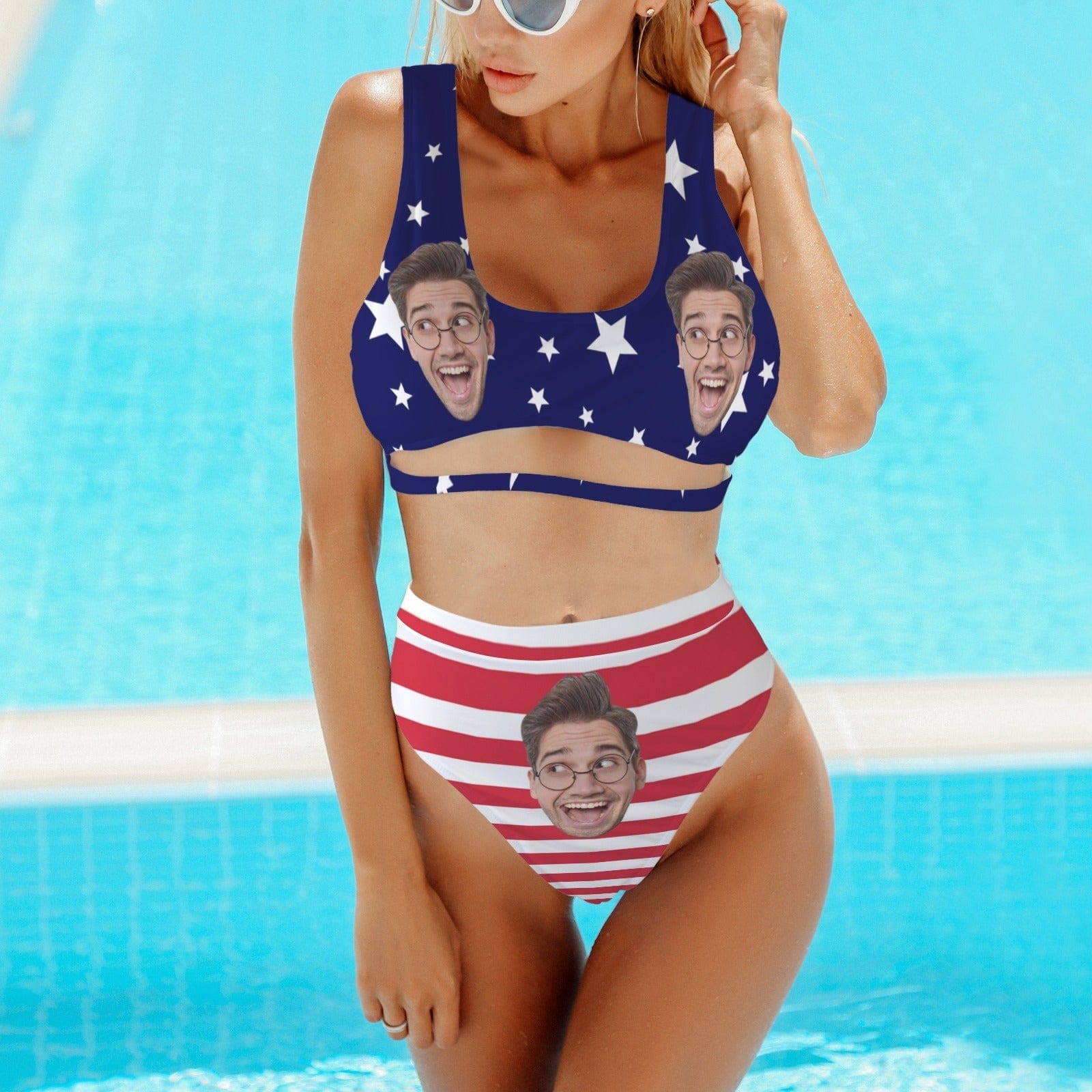 Custom Custom Face American Flag Women's High Waisted Bikini Sets Personalized High Cut Swimsuits Sporty Cut Out Swimsuits Bathing Suits - YesCustom