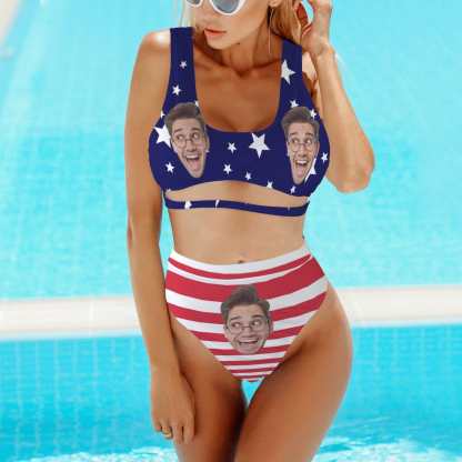 Custom Custom Face American Flag Women's High Waisted Bikini Sets Personalized High Cut Swimsuits Sporty Cut Out Swimsuits Bathing Suits - YesCustom
