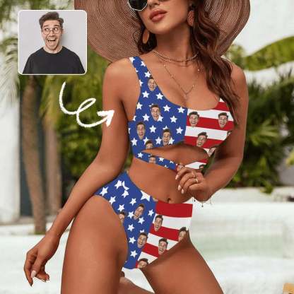 Custom Custom Face American Flag Women's High Waisted Bikini Sets Personalized High Cut Swimsuits Sporty Cut Out Swimsuits Bathing Suits - YesCustom