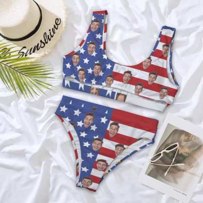 Custom Custom Face American Flag Women's High Waisted Bikini Sets Personalized High Cut Swimsuits Sporty Cut Out Swimsuits Bathing Suits - YesCustom