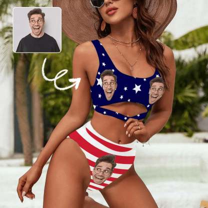 Custom Custom Face American Flag Women's High Waisted Bikini Sets Personalized High Cut Swimsuits Sporty Cut Out Swimsuits Bathing Suits - YesCustom