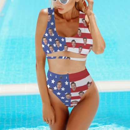Custom Custom Face American Flag Women's High Waisted Bikini Sets Personalized High Cut Swimsuits Sporty Cut Out Swimsuits Bathing Suits - YesCustom