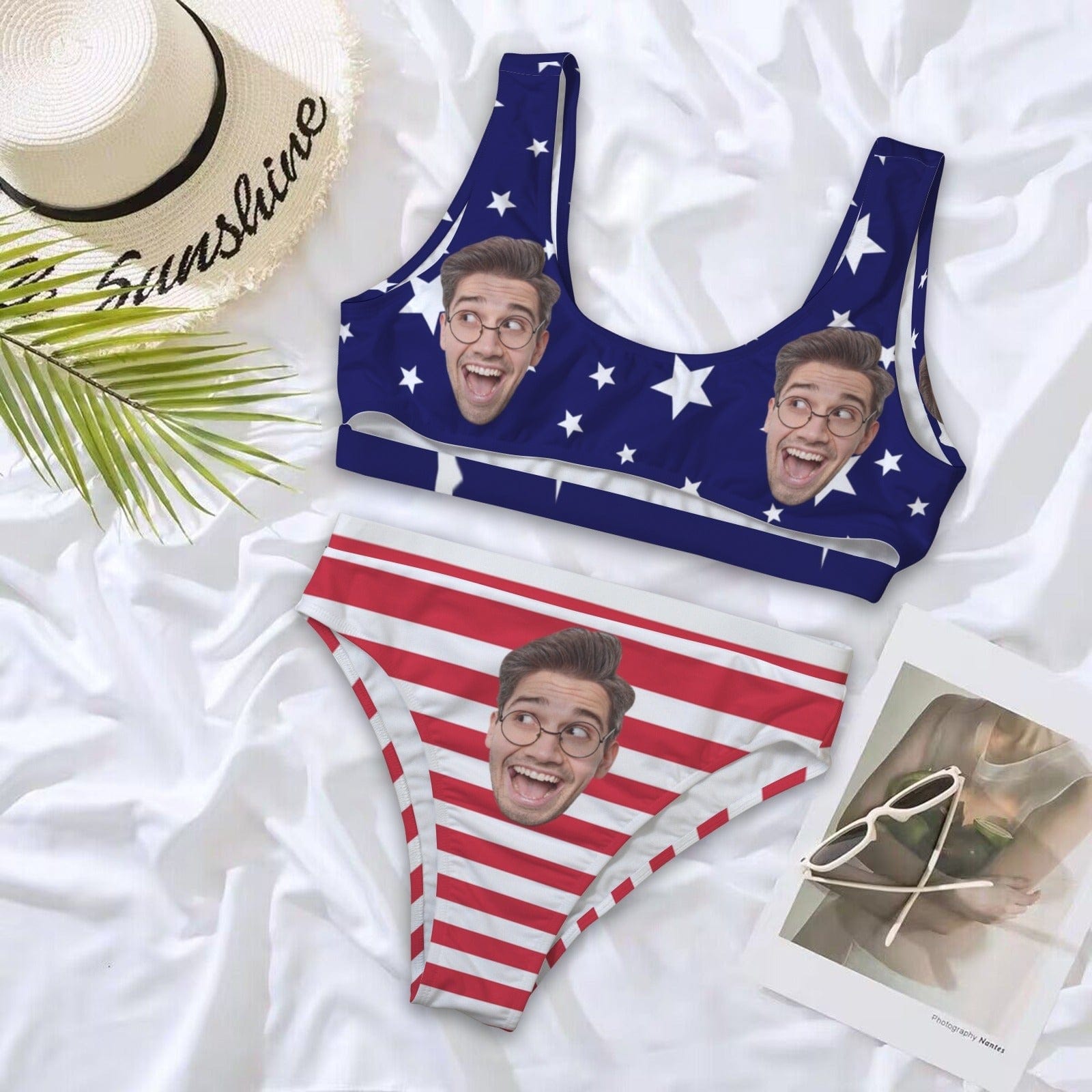 Custom Custom Face American Flag Women's High Waisted Bikini Sets Personalized High Cut Swimsuits Sporty Cut Out Swimsuits Bathing Suits - YesCustom