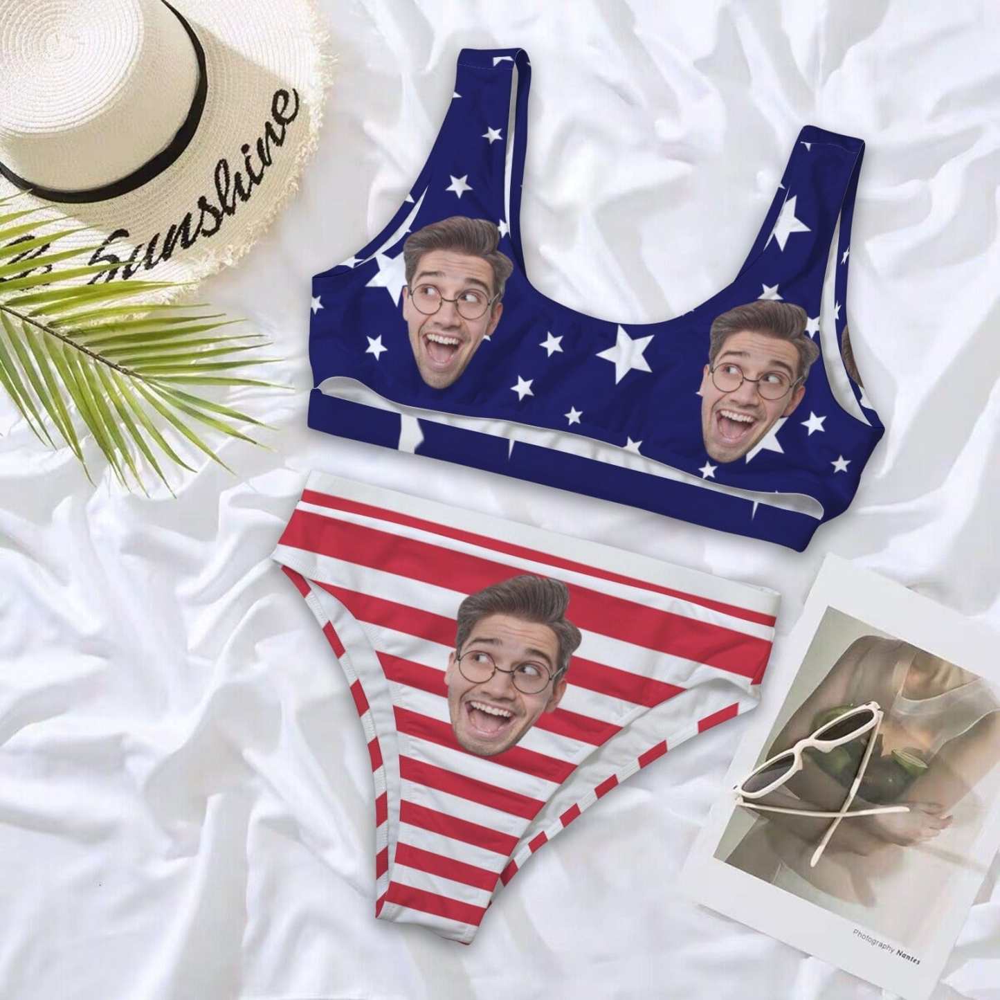 Custom Custom Face American Flag Women's High Waisted Bikini Sets Personalized High Cut Swimsuits Sporty Cut Out Swimsuits Bathing Suits - YesCustom