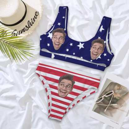 Custom Custom Face American Flag Women's High Waisted Bikini Sets Personalized High Cut Swimsuits Sporty Cut Out Swimsuits Bathing Suits - YesCustom