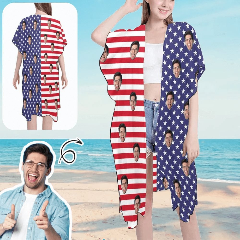 Custom Custom Face American Flag Women's Mid-Length Side Slits Chiffon Cover Up - YesCustom