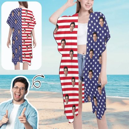 Custom Custom Face American Flag Women's Mid-Length Side Slits Chiffon Cover Up - YesCustom