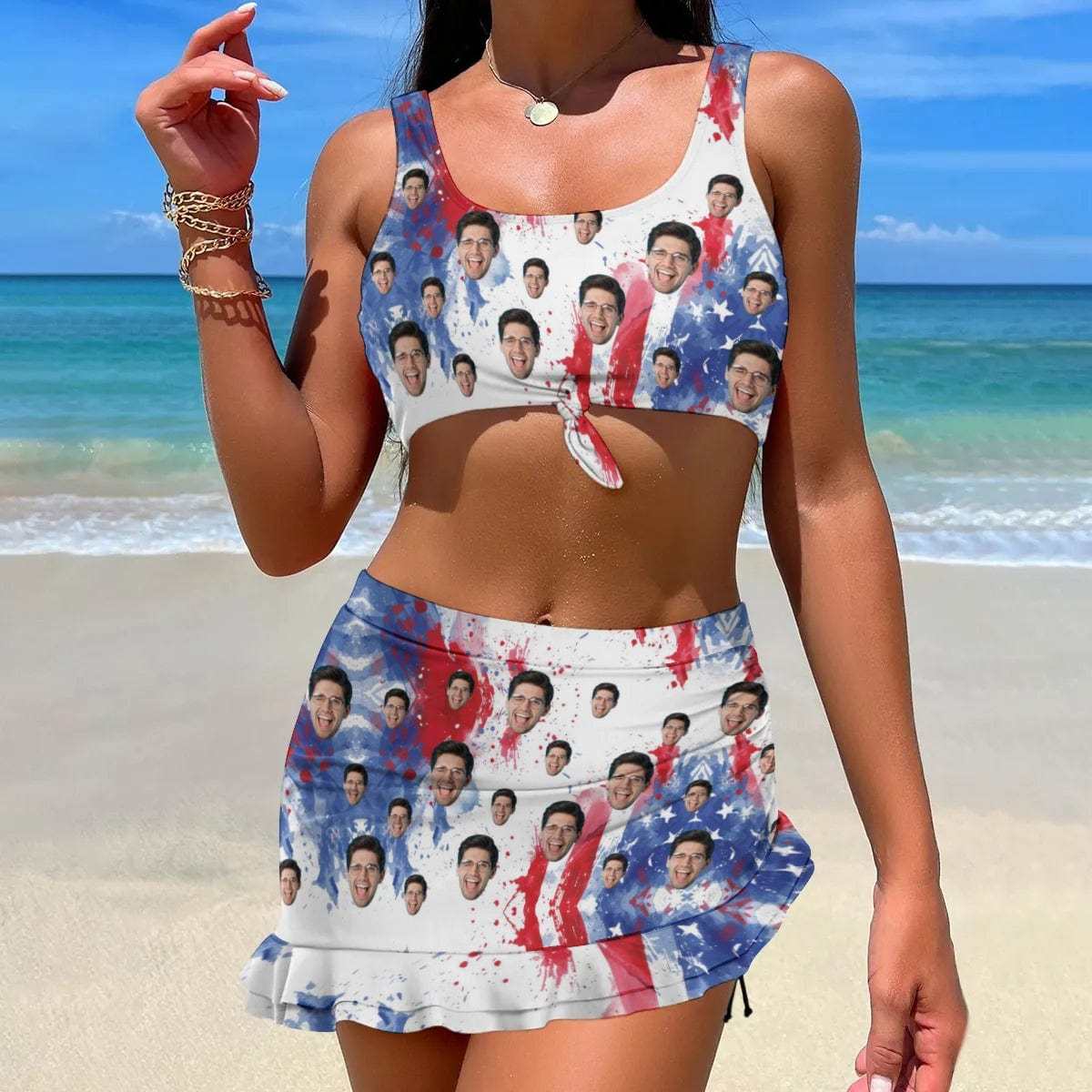 Custom Custom Face American Style Bikini Set Personalized Drawstring Chest Strap Bikini Skirt - YesCustom