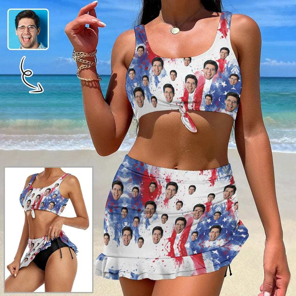 Custom Custom Face American Style Bikini Set Personalized Drawstring Chest Strap Bikini Skirt - YesCustom