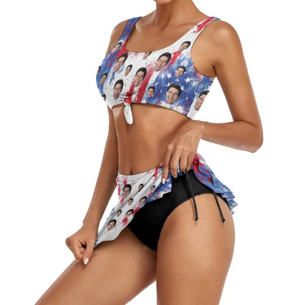 Custom Custom Face American Style Bikini Set Personalized Drawstring Chest Strap Bikini Skirt - YesCustom