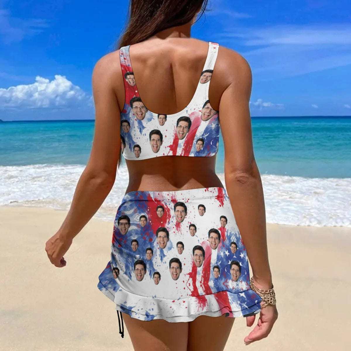 Custom Custom Face American Style Bikini Set Personalized Drawstring Chest Strap Bikini Skirt - YesCustom