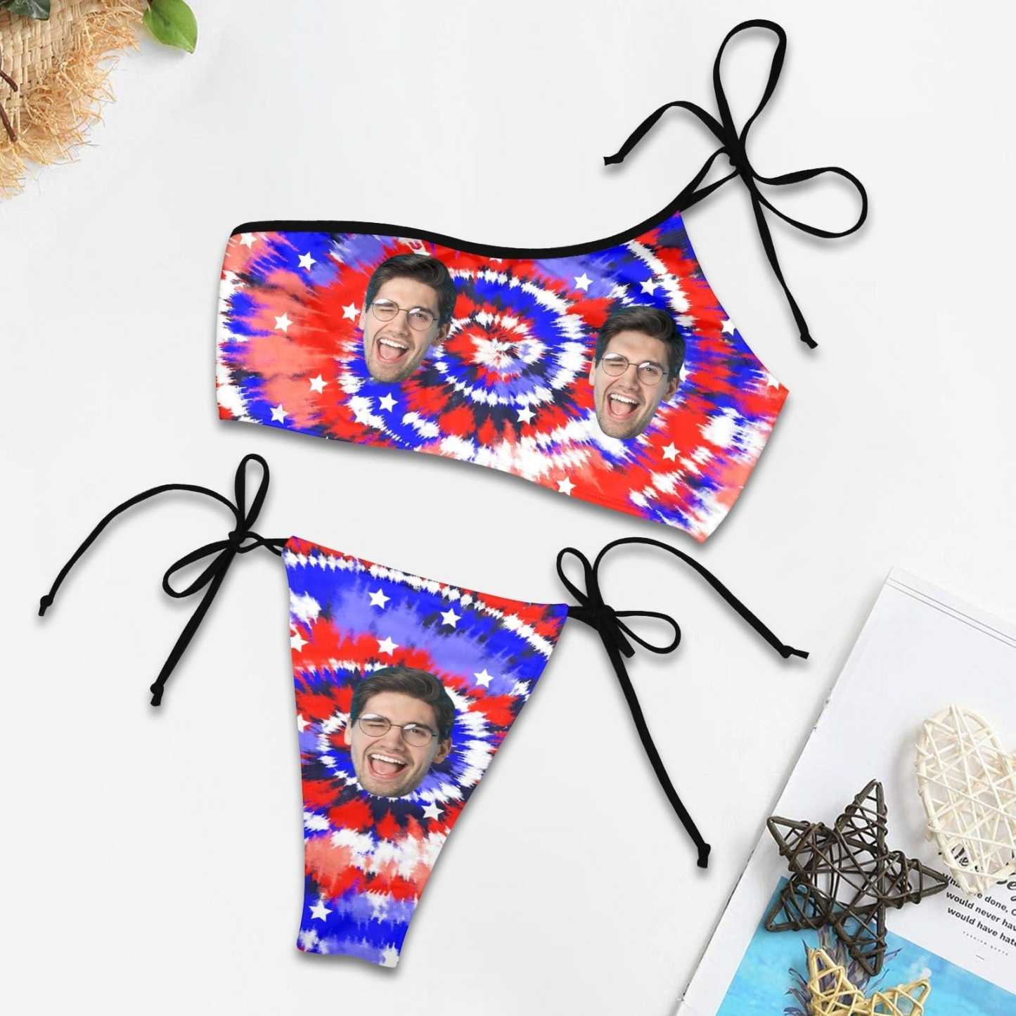 Custom Custom Face Colorful Swirls Bikini Set Personalized Women's Off-Shoulder String Swimsuit - YesCustom