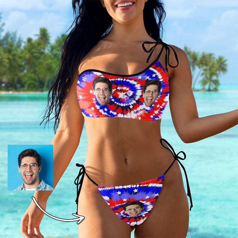 Custom Custom Face Colorful Swirls Bikini Set Personalized Women's Off-Shoulder String Swimsuit - YesCustom